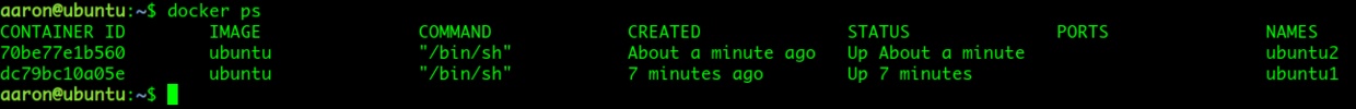 docker ps 命令输出：正在运行的两个 ubuntu 容器 ubuntu2 与 ubuntu1，均执行 /bin/sh 命令