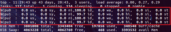 压测前的宿主机 top 输出:四个 CPU 几乎全部空闲(id 均接近 100%),负载很低