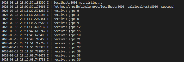 localhost:8000 服务端日志:按轮询节奏每 3 个请求接收一个(grpc 0、3、6……36)
