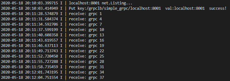 localhost:8001 服务端日志:轮询接收 grpc 1、4、7……37 号请求