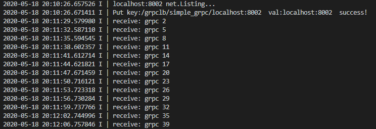 localhost:8002 服务端日志:轮询接收 grpc 2、5、8……39 号请求