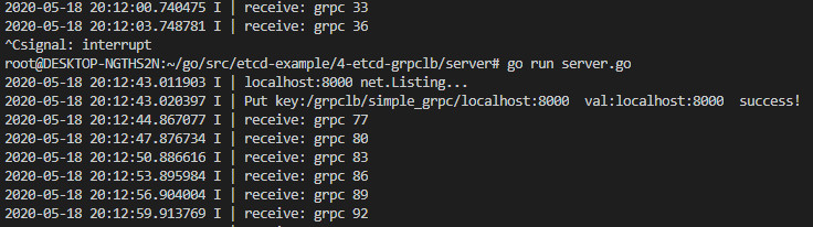 localhost:8000 被 Ctrl+C 中断后重新启动,重新注册到 etcd 并恢复接收请求(grpc 77、80……92)