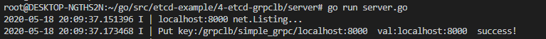 第一个服务实例启动,监听 localhost:8000 并把 /grpclb/simple_grpc/localhost:8000 注册到 etcd 成功