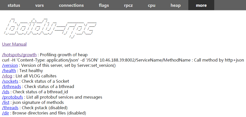 从浏览器访问内置服务:顶部导航栏提供 status、vars、connections、flags、rpcz、cpu、heap 等入口,more 页面还列出了 /version、/health、/vlog、/sockets、/bthreads、/protobufs 等服务链接