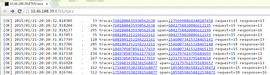 rpcz 第一层:最近请求的概况列表,包含开始时间、延时、trace 与 span 链接