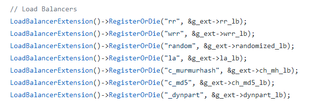 LoadBalancer 在 global.cpp 中的注册代码（rr、wrr、random、la 等）