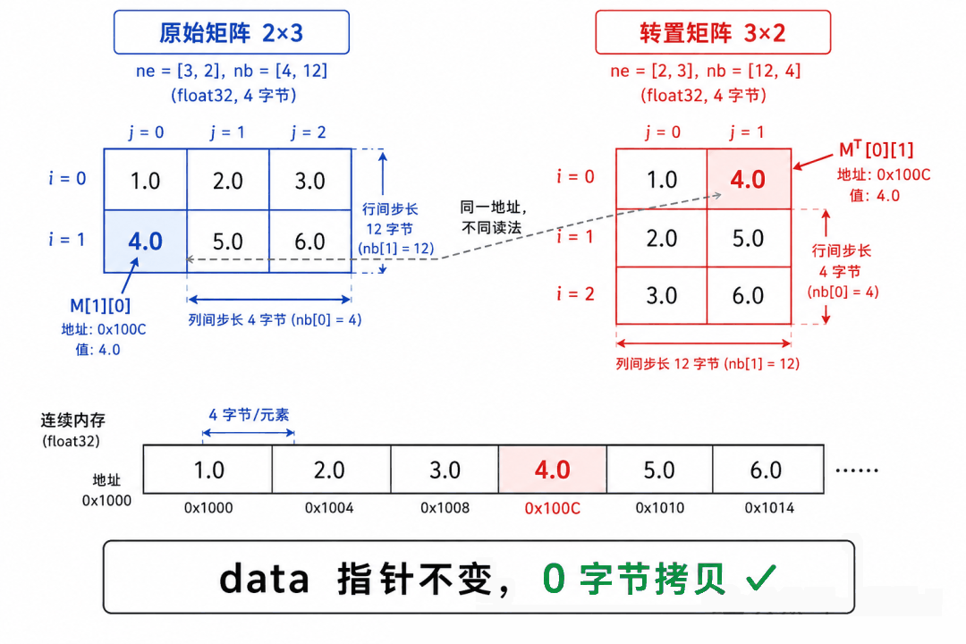 ne/nb 分离实现转置零拷贝:data 指针不变,只交换步长