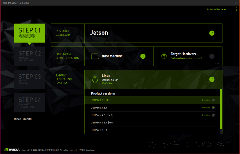 选择 JetPack 5.0.2 目标操作系统