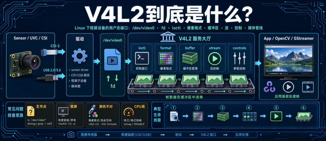 V4L2 到底是什么：Linux 下视频设备的用户态接口全景，从摄像头/驱动到 V4L2 服务大厅，再到应用处理